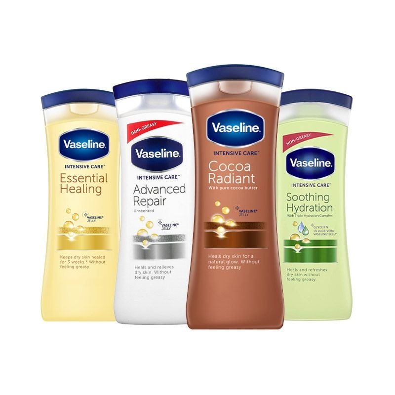 مجموعه ۵ مدل لوسیون بدن وازلین شامل Cocoa Glow، Aloe Soothe، Dry Skin Repair، Advanced Repair و Even Tone